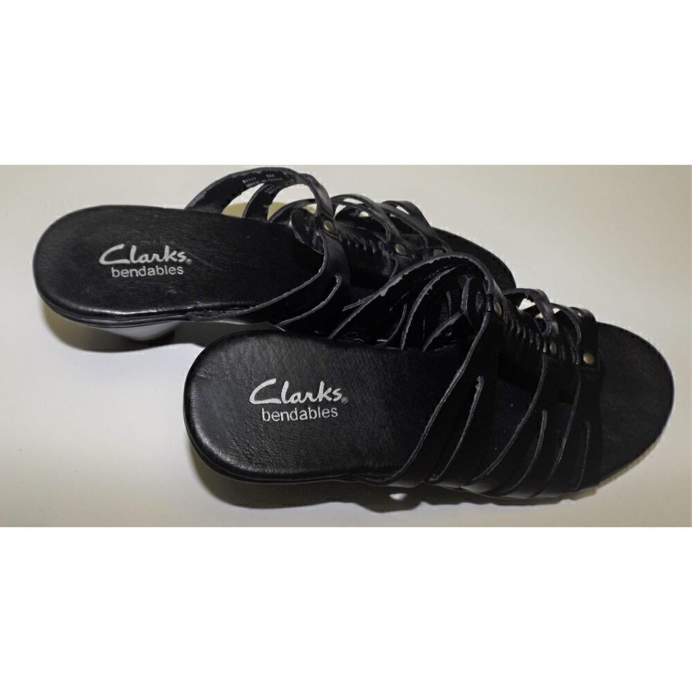 Clarks Bendables 6m black leather strappy slip-on sandals medium heel